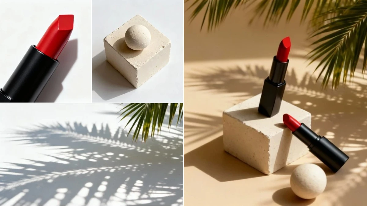 图4：极简几何彩妆AI合成效果（左侧为拆分素材，右侧为合并成品）