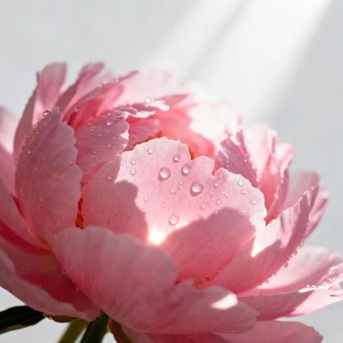 粉色牡丹花特写，花瓣层叠，露珠细节，微距摄影，柔和自然光，白色背景，浅景深