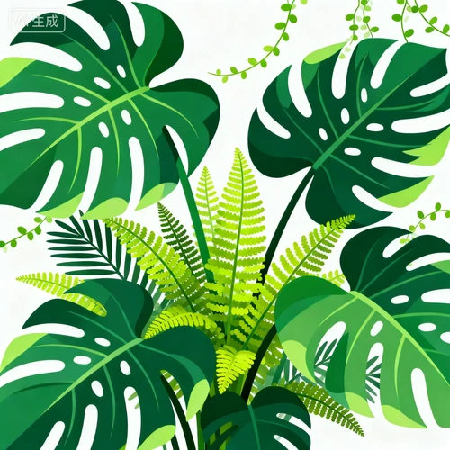 丛林植物装饰，巨大的龟背竹和蕨类植物，鲜艳绿色，白色背景，层次丰富