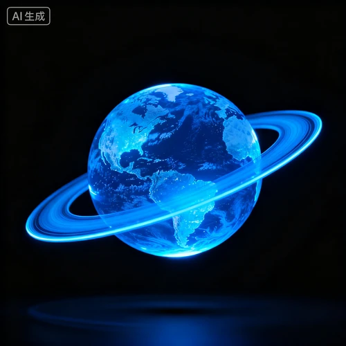 发光的蓝色星球模型，带有光环，悬浮效果，黑色背景，细节丰富，科技感