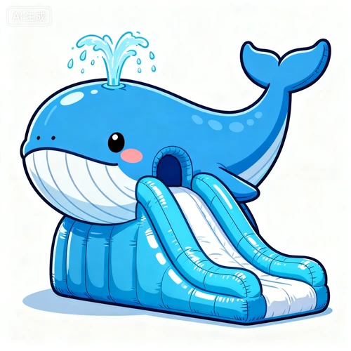 巨大的蓝色鲸鱼充气滑梯，光滑材质，喷水造型，白色背景，侧面视角，Q版可爱