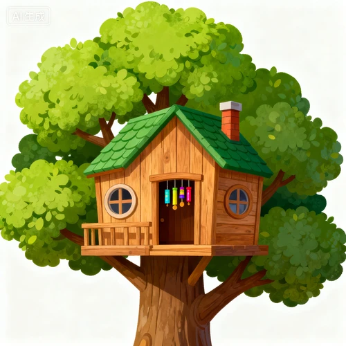 卡通树屋，建在粗壮橡树上，木质结构，绿色树叶屋顶，白色背景，正面视角，童趣风格