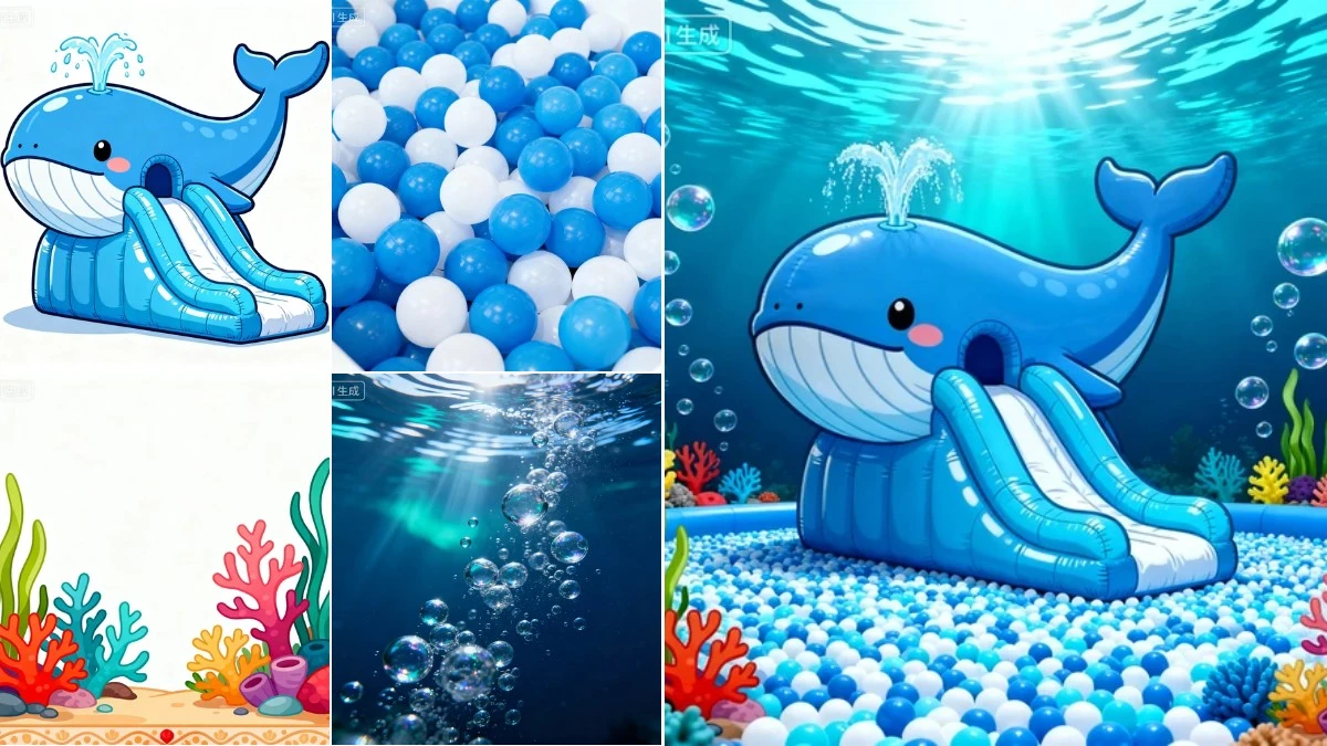 图4：海洋科普风AI海报效果（左侧为拆分素材，右侧为合并成品）