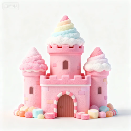 3D渲染，粉色糖果城堡，棉花糖屋顶，C4D风格，马卡龙色系，白色背景，正面视角，Q版可爱