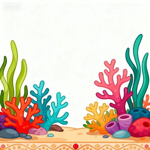 彩色珊瑚礁和海草装饰，卡通风格，鲜艳配色，白色背景，底部装饰