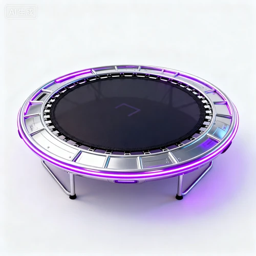 飞碟造型蹦床，银色金属边框，紫色霓虹灯带，白色背景，俯视视角，充满动感