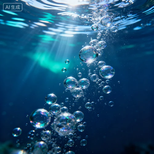 上升的水泡和波纹光影，透明质感，梦幻效果，深蓝背景，氛围素材