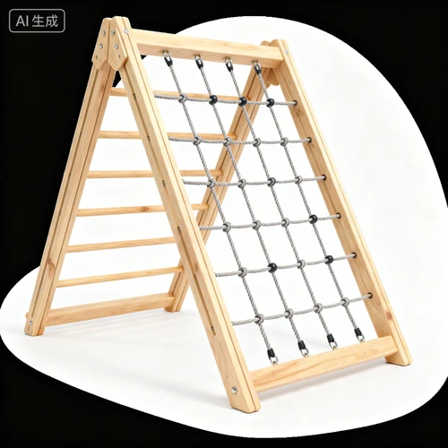 木质攀爬架网绳，原木色，结实耐用，白色背景，侧面视角，结构清晰