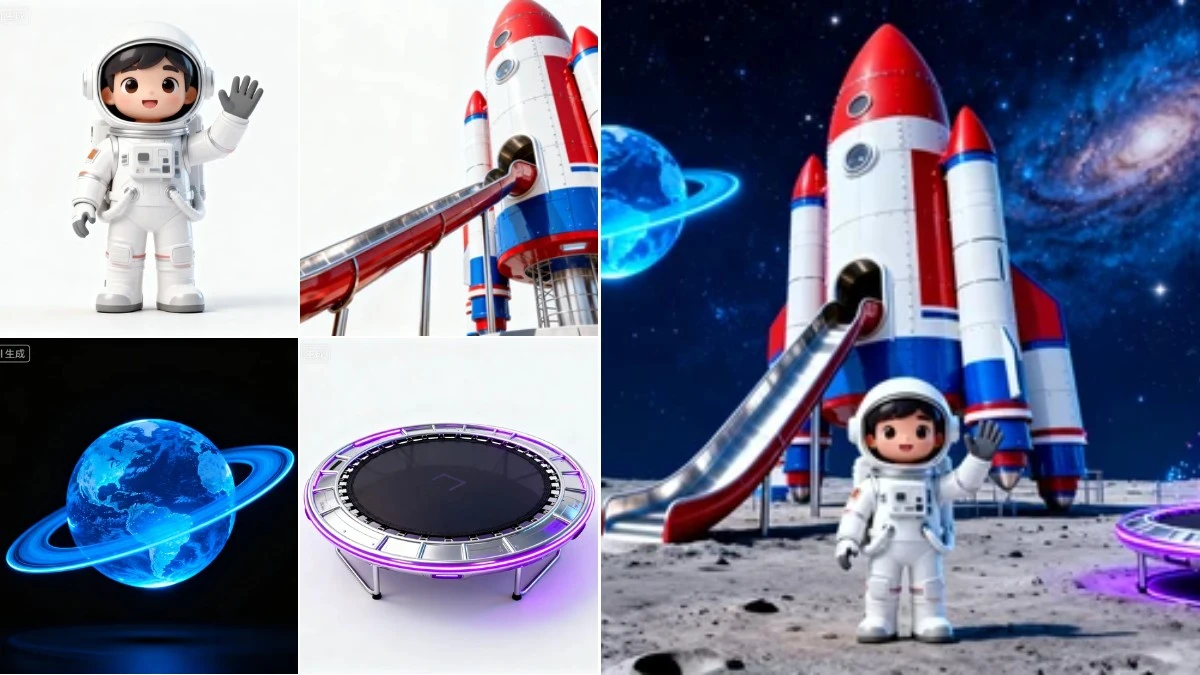 图2：太空科幻风AI海报效果（左侧为拆分素材，右侧为合并成品）