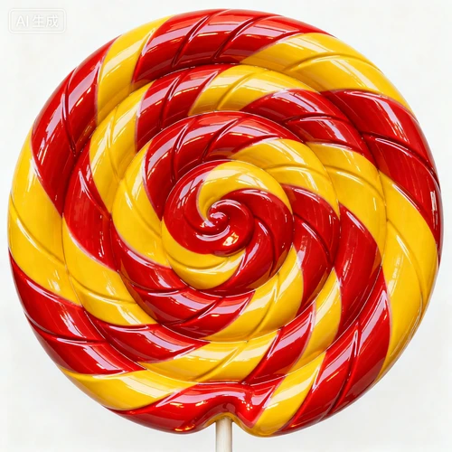 巨大的彩色波板糖装饰，螺旋纹理，亮面材质，白色背景，正面视角，色彩鲜艳