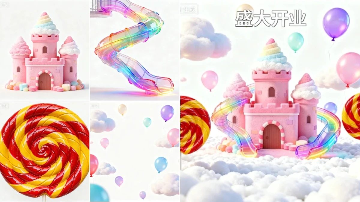 图1：糖果梦幻风AI海报效果（左侧为拆分素材，右侧为合并成品）