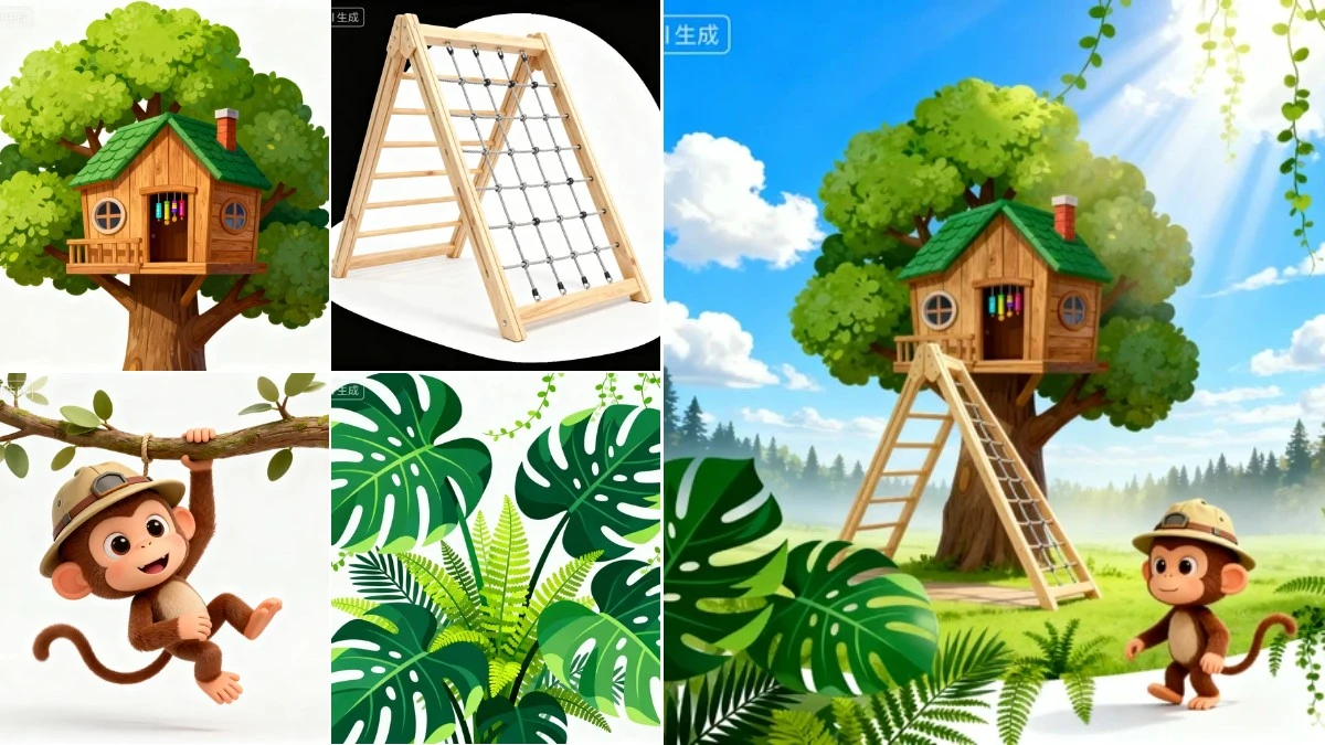 图3：森林探险风AI海报效果（左侧为拆分素材，右侧为合并成品）