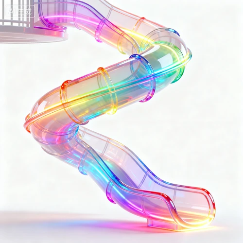 彩虹色旋转滑梯，半透明材质，发光质感，白色背景，侧面视角，线条圆润