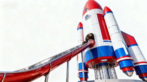未来感火箭造型滑梯，红白蓝配色，金属质感，白色背景，仰视视角，高大宏伟