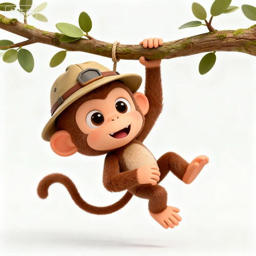 可爱的小猴子吉祥物，戴着探险帽，挂在树枝上，3D卡通风格，白色背景，动作灵动