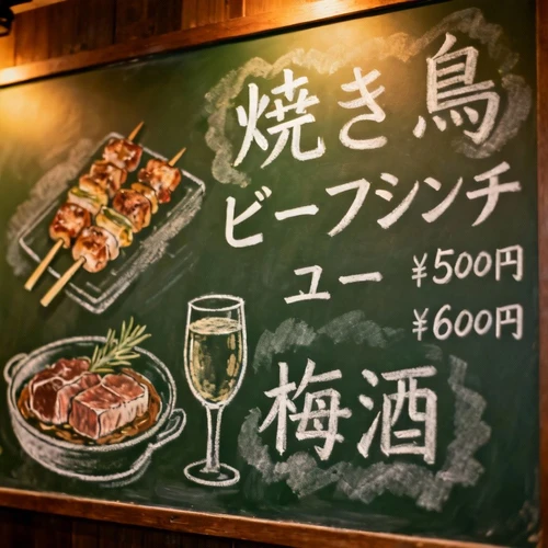 原图：黑板风格的日式居酒屋菜单，白色粉笔手写的日文菜名，配有手绘插图。
