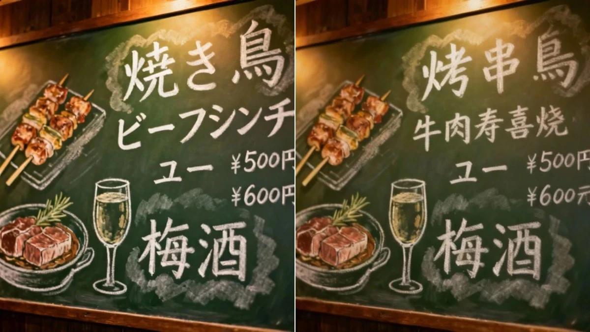 图4：日式菜单AI翻译效果（左侧为日文手写原图，右侧为中文手写效果）