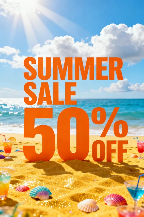 一张夏季化妆品促销海报，中间写着巨大的英文 'SUMMER SALE 50% OFF'，背景是沙滩和阳光。