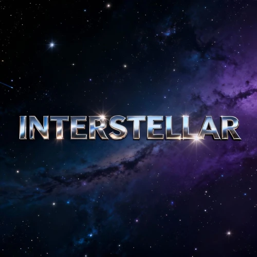 原图：科幻电影海报，标题 'INTERSTELLAR' 为金属质感，带有星光反射效果，背景是深邃宇宙。