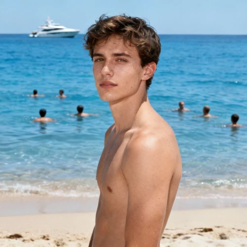 原图上传：海边半身人像，背景海面上有几个游泳的人头和远处的游艇。