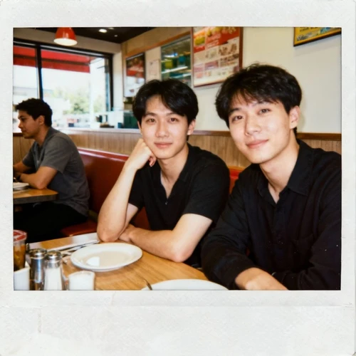 原图上传：双人餐桌合影，照片左侧边缘意外拍进了隔壁桌的陌生半身。