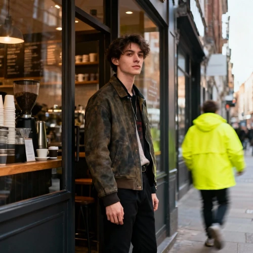 原图上传：模特在咖啡店门口的街拍，画面右侧后方有一个穿着亮黄色外套的路人非常抢眼。