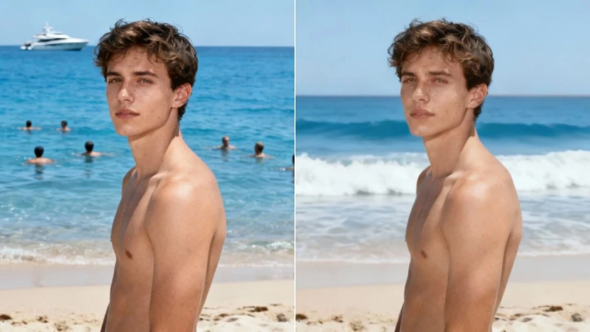 图3：海边背景人物净化效果（左侧为原图，右侧为消除后）