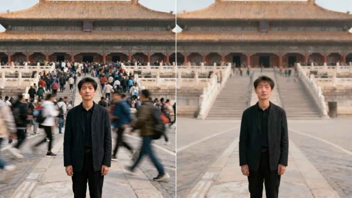 图1：热门景点消除路人效果（左侧为原图，右侧为消除后）