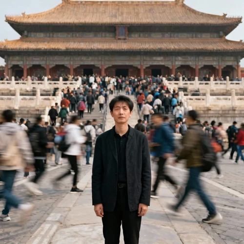 原图上传：一张在古建筑前的全身照，背景有大量模糊的游客，画面杂乱。