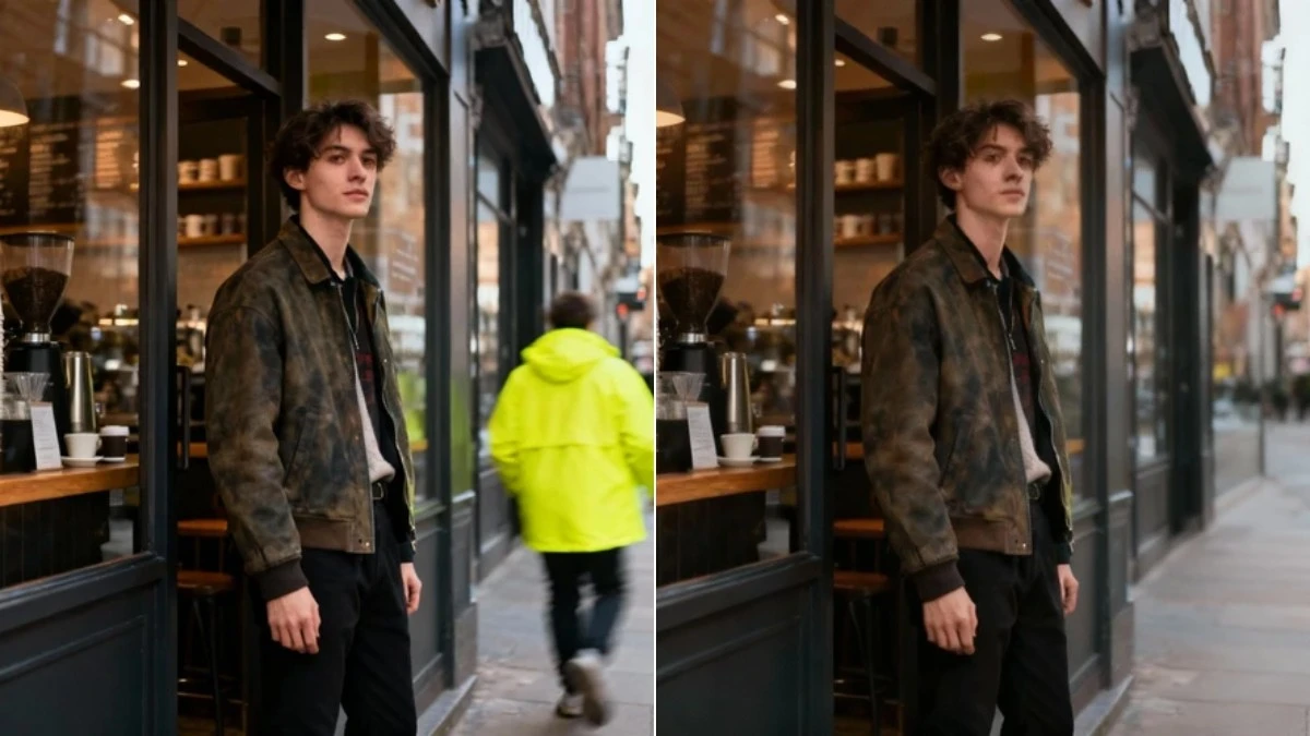 图2：街拍特定路人消除效果（左侧为原图，右侧为消除后）