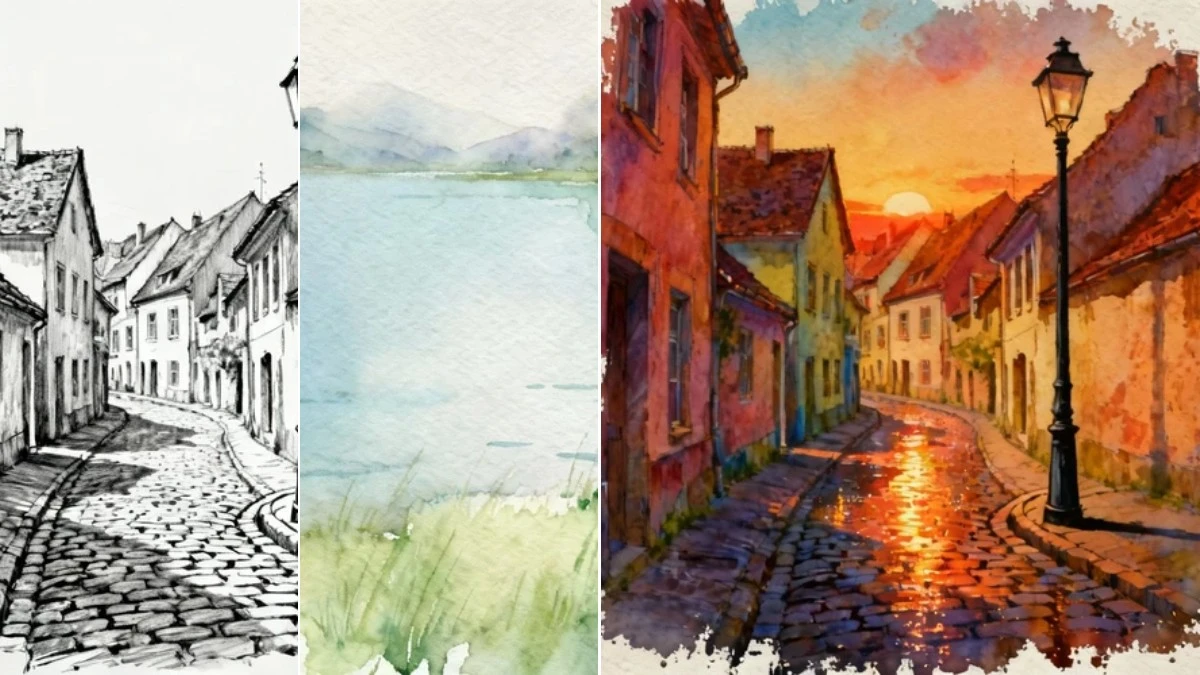 图4：水彩风格化效果（左侧为钢笔速写，右侧为水彩艺术画）