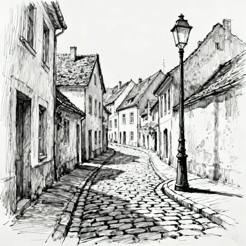 欧洲小镇街道速写，钢笔线条，包含房屋、石板路、路灯