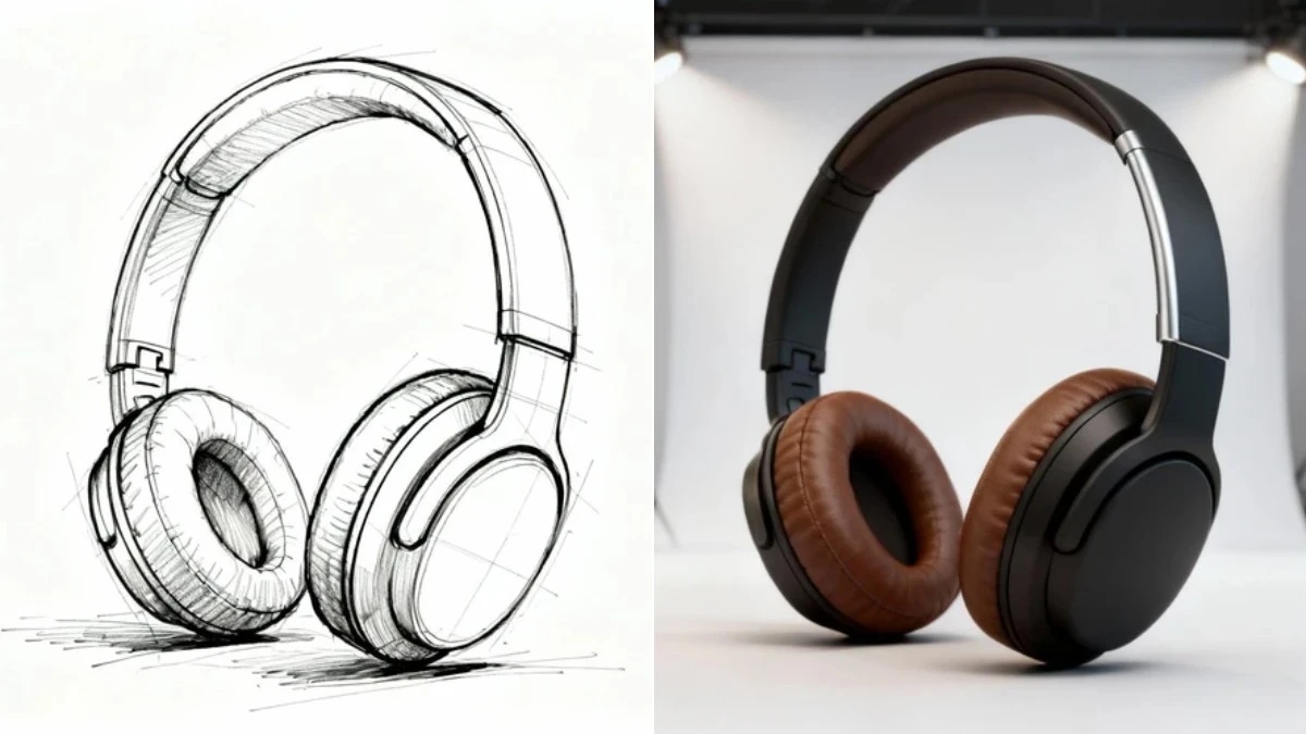 图2：产品草图转3D渲染效果（左侧为手绘草图，右侧为材质渲染图）