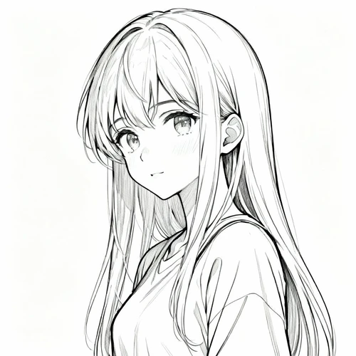 清晰的动漫少女线稿，半身像，长发，线条流畅，白色背景