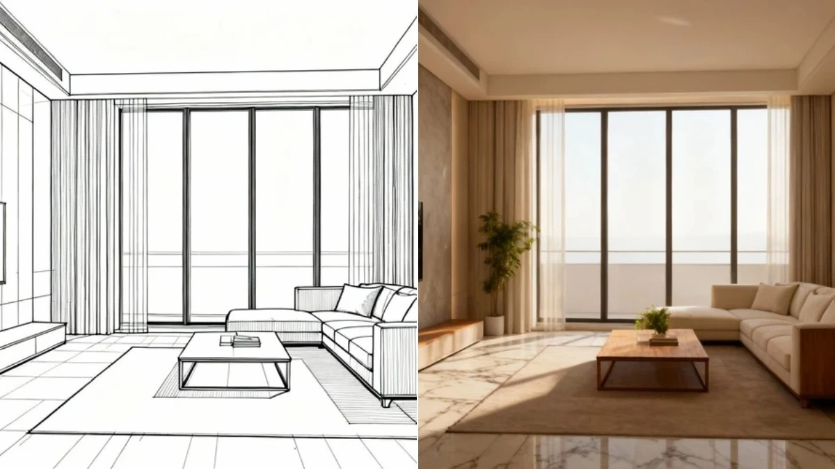 图3：建筑线稿实景化效果（左侧为透视线稿，右侧为照片级实景）