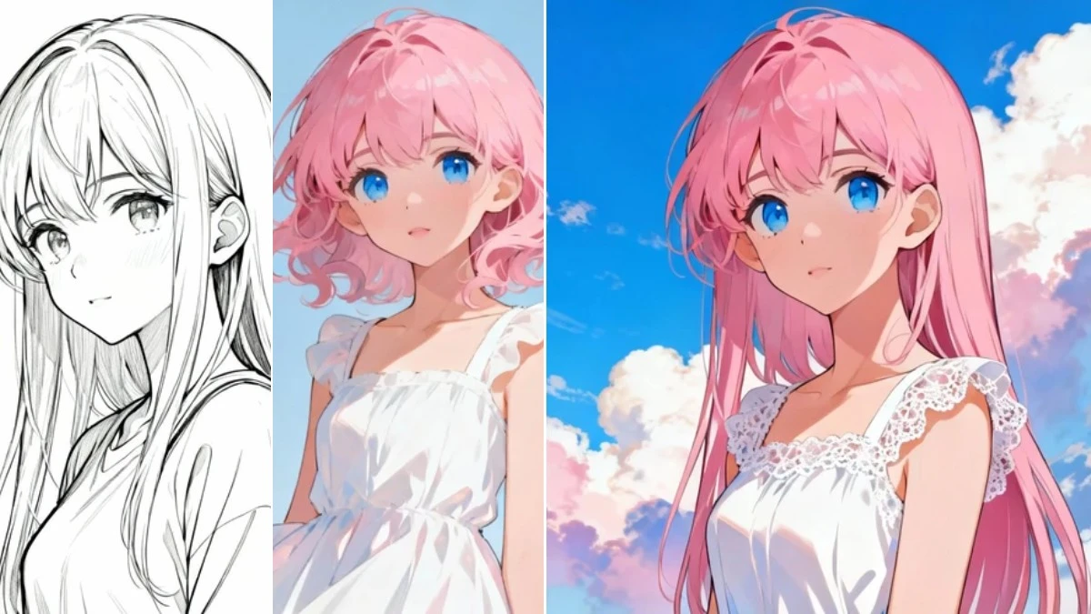 图1：二次元风格上色效果（左侧为原始线稿，右侧为AI上色成品）