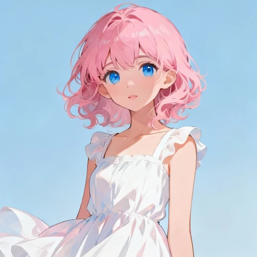 色彩参考：粉色头发，蓝色眼睛，白色连衣裙，柔和光照