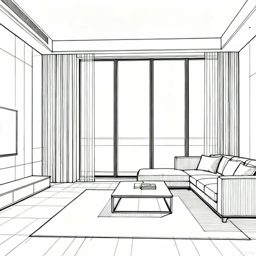 现代简约客厅透视线稿，包含沙发、落地窗、茶几，线条直硬