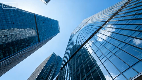 现代摩天大楼地标，玻璃幕墙，白天光影，蓝天背景，仰视拍摄，细节清晰