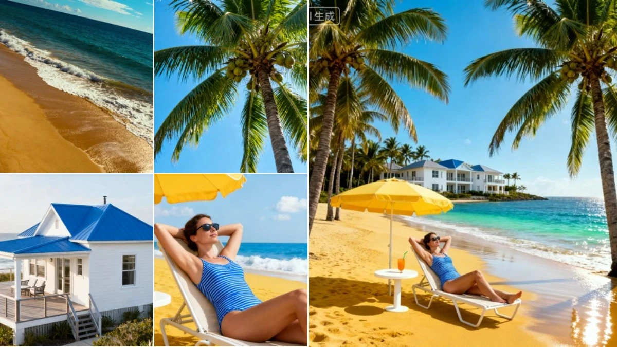 图4：海岛度假攻略AI合成效果（左侧为拆分素材，右侧为合并成品）