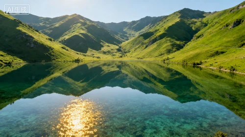清澈湖泊，镜面水面，倒映山景，阳光照射，俯视拍摄，色彩通透