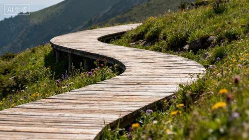 山间木栈道，蜿蜒曲折，木质纹理，周围有野花，平视拍摄，融入自然