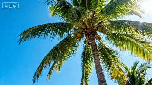 高大椰子树，枝叶舒展，挂有椰子，蓝天背景，侧视拍摄，热带风情