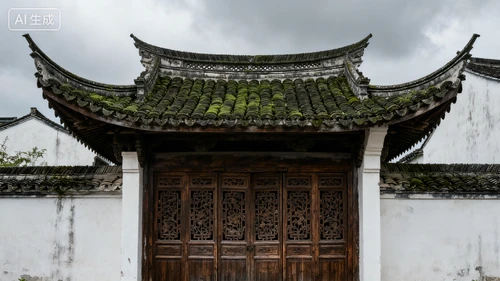 青瓦白墙古建筑，飞檐翘角，木门雕花，阴天光线，正视拍摄，复古质感