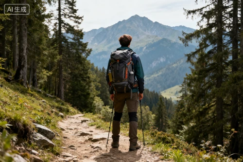 游客徒步场景，背包装备，远眺姿态，与自然融合，中景拍摄，比例协调