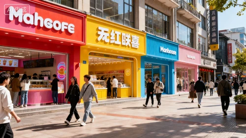 城市步行街街景，网红店铺，人流适中，白天光线，平视拍摄，氛围热闹