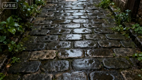 青石板路，凹凸纹理，两侧有绿植，雨后湿润，俯视拍摄，年代感强