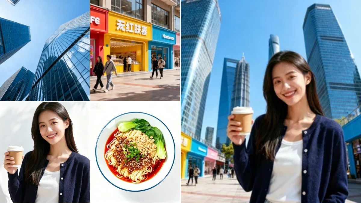 图1：城市打卡攻略AI合成效果（左侧为拆分素材，右侧为合并成品）