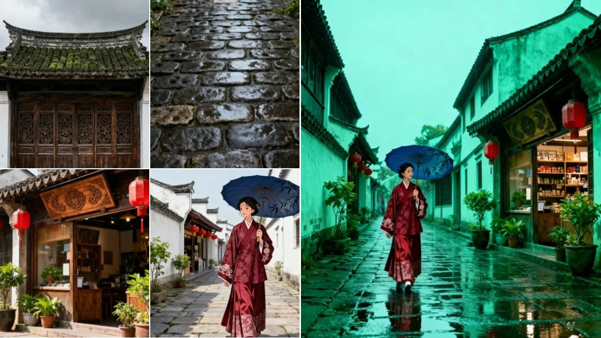 图3：古镇漫游攻略AI合成效果（左侧为拆分素材，右侧为合并成品）