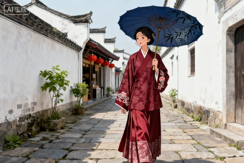 穿汉服的女性，漫步姿态，手持油纸伞，与古镇风格统一，中景拍摄